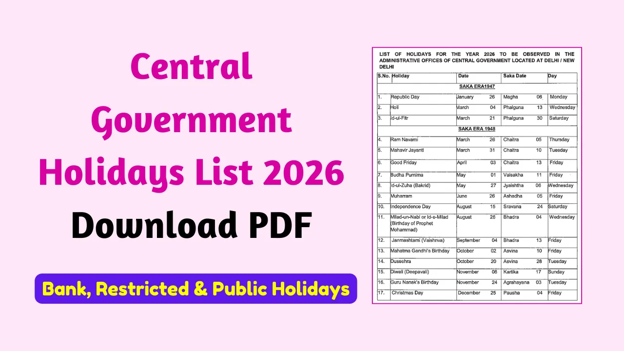 Central Government Holidays List 2026 PDF Download